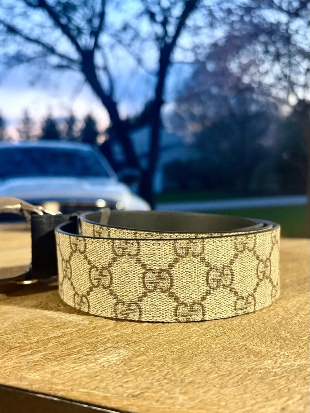 Gucci – Dionysus GG Supreme Canvas Belt Double Tiger Head – Beige/Black – Sz. 36